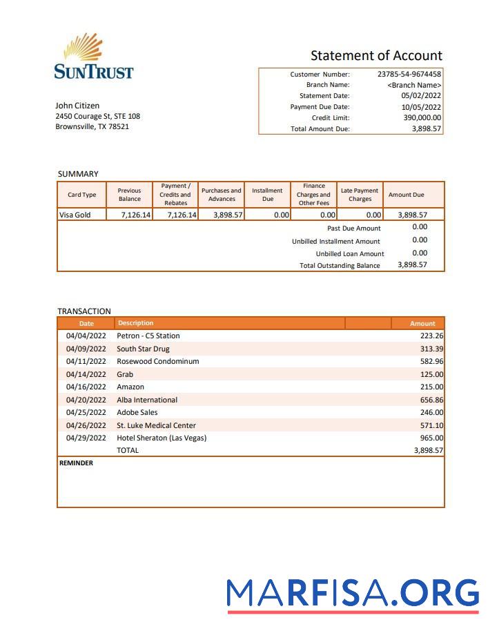 Printable USA Suntrust bank statement version 2 download for verification